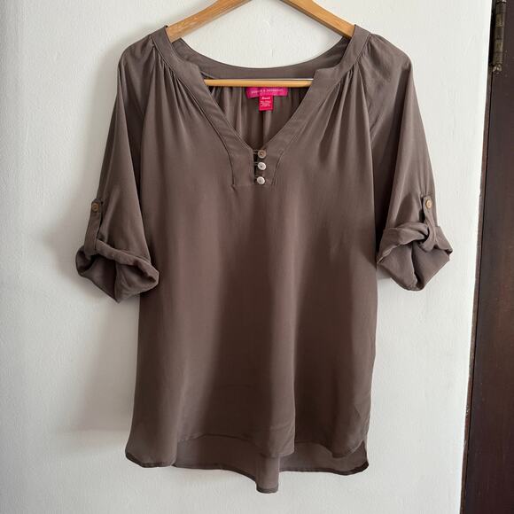 POOKIE & SEBASTIAN | Brown Silk V Neck Henley Popover Shirt Roll Sleeves | Small - Picture 1 of 5